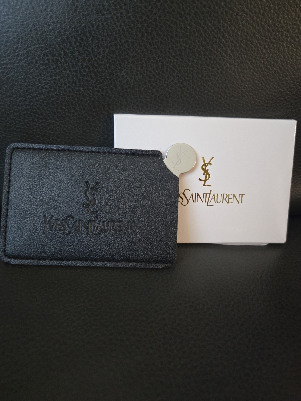 Black Leather Card Holder/Mirror - YSL Embossed